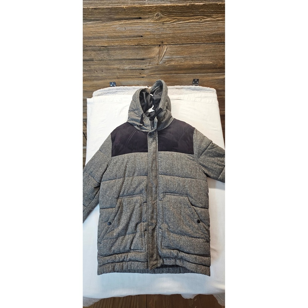 H&M Divided Mens Grey Wool Blend Herringbone Puffer Jacket Hooded Size M